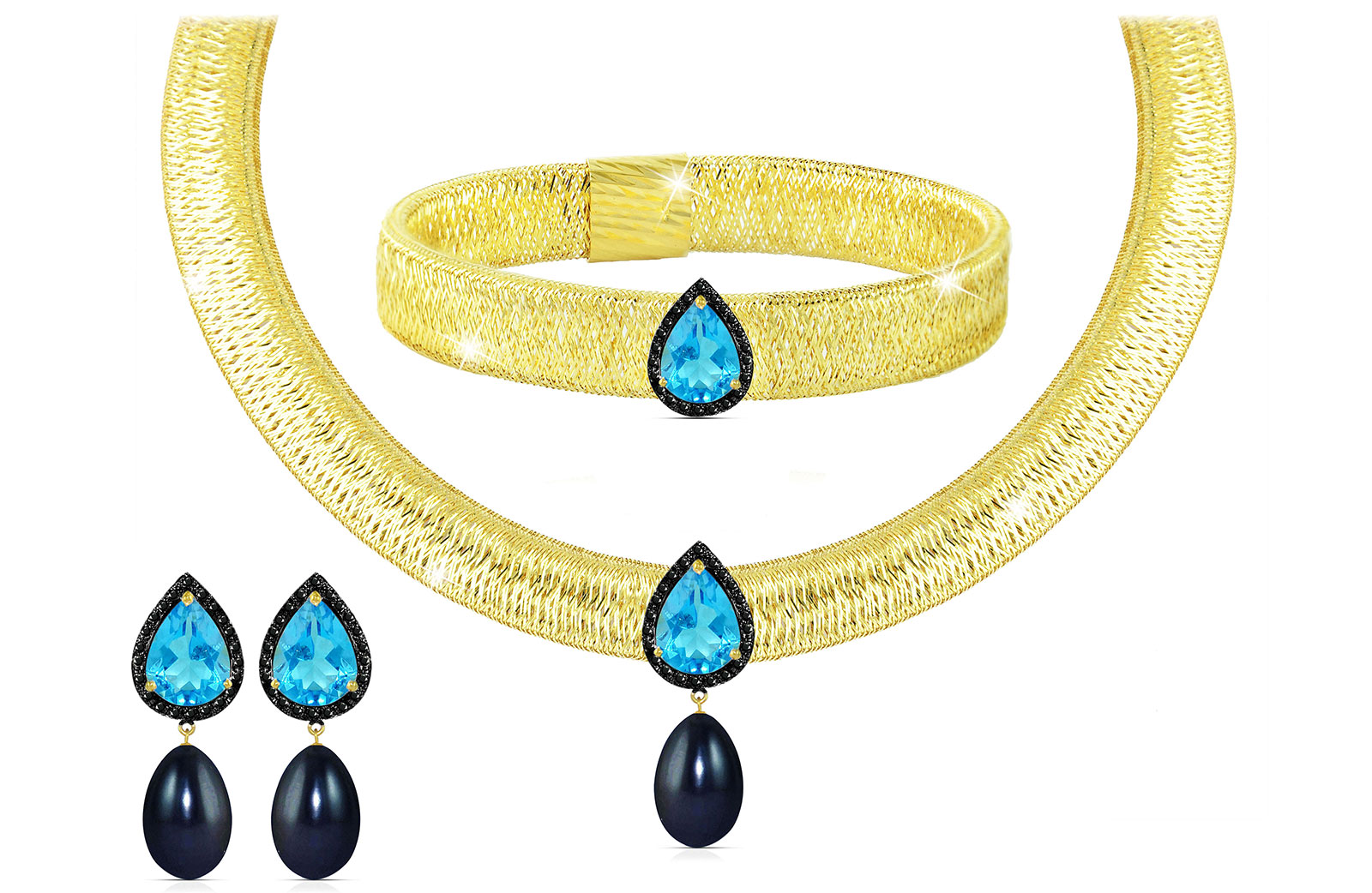 Vera Perla 18K Gold 0.48ct Black Diamonds, Topaz and 13mm Black Pearl Jewelry Set - 3 pcs.